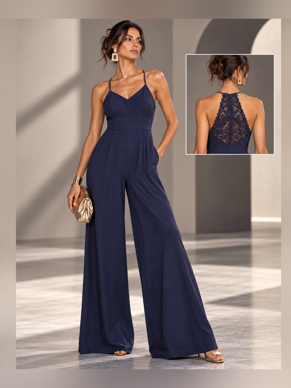 TRIXXI Navy Wide Leg Jumpsuit Medium Lace Back Spaghetti Strap V-Neck